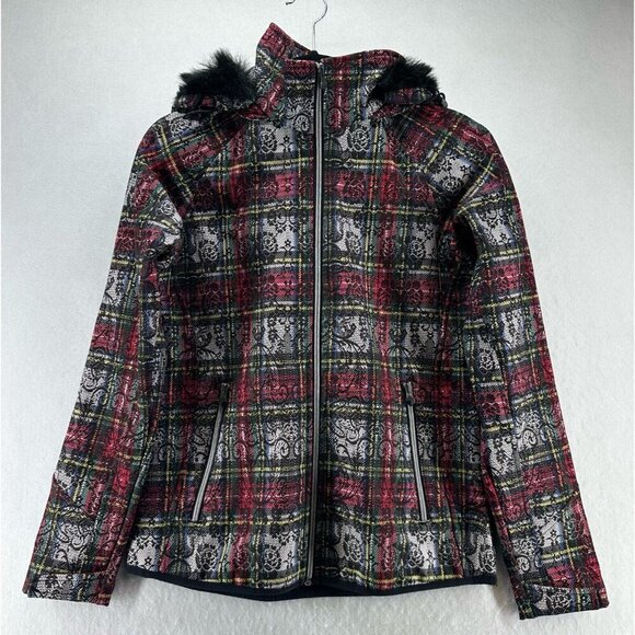 Body Glove Jacket Women S Plaid Faux Fur Trim Fleece Lined Hoodie Waterproof Red - Picture 1 of 14